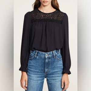 Forever 21 Black Lace Yoke Tie Long Sleeve Blouse L